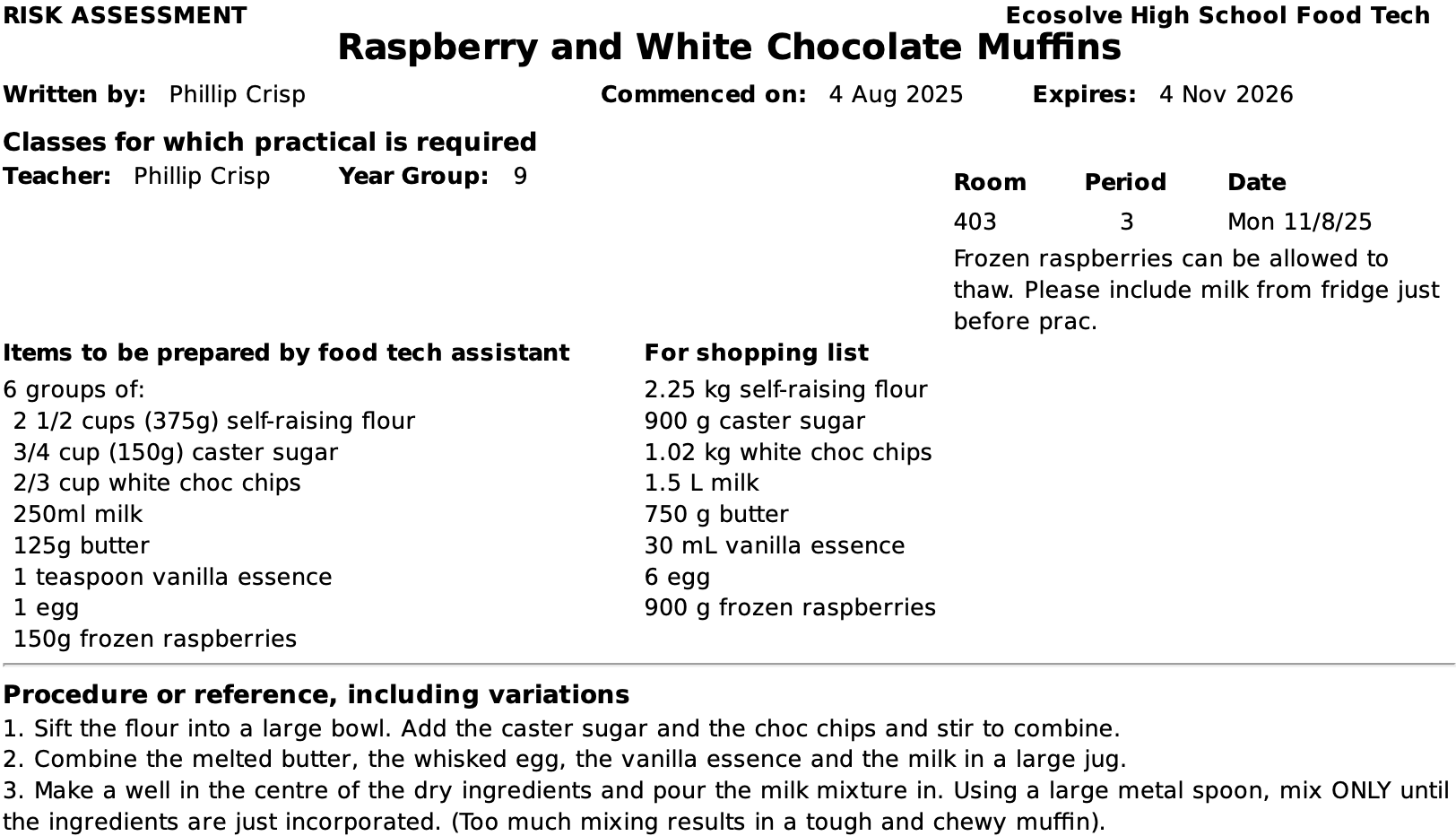 Sample risk assessment